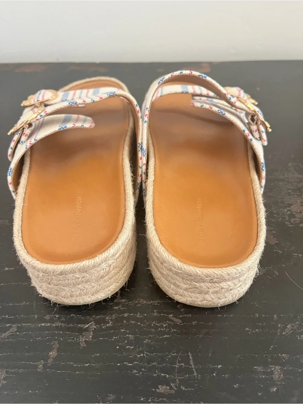 Tory Burch Striped Canvas Double-Buckle Slide Sandals size 8 selby